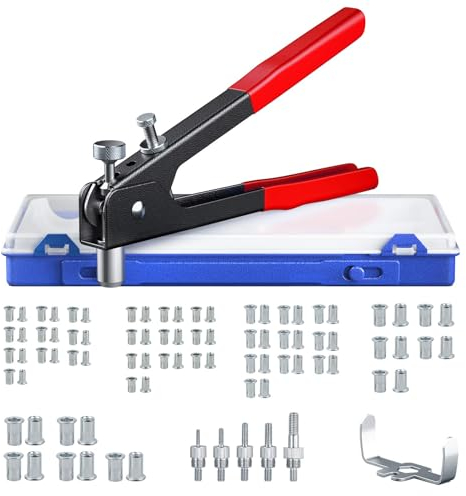 ESYNiC Kit Rivettatrice Professionale con 86pz Rivetti Dadi M3 M4 M5 M6 M8 Pinza Pistola Manuale a Rivetti Filettati Risparmio di Manodopera per Riparazione Auto Rimorchi Mobili - Rosso