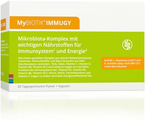 MyBIOTIK®IMMUGY I made by nutrimmun I Für 30 Tage I 2 aktive Bakterienkulturen LGG® + BB-12® I Vitamine I Mineralstoffe I Beta-Glucane I Pulver+Kaps. I Vegan I Glutenfrei I Laktosefrei I Laborgeprüft