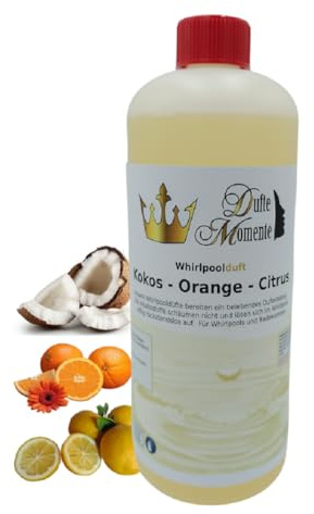 Dufte Momente | Whirlpool Duft 1 Liter | Kokos - Orange - Citrus | mit naturreinen und natürlichen ätherischen Ölen | kein Schaum | vegan und ohne Tierversuche