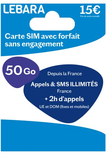 Lebara SIM, appels et SMS illimités France + 200Go en 5G+ 2h vers 43 pays , prête à l'emploi
