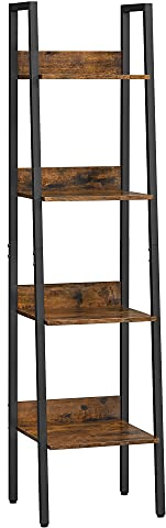 VASAGLE Bücherregal, Leiterregal 4 Ebenen, schmales Regal, offenes Standregal für Arbeitszimmer, Wohnzimmer, Schlafzimmer, Küche, Industrie-Design, vintagebraun-schwarz LLS108B01