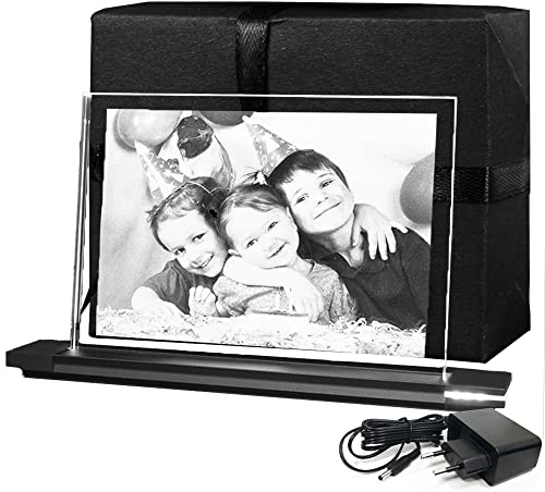 LOOXIS Personalisiertes Laser-Foto vom eigenen Bild in Flachglas gelasert mit Wunschgravur - 150 x 200 x 8 mm, inkl Leuchtsockel – Geschenkidee Männer, Frauen, Hochzeitstag, Geburtstag – XL Querformat