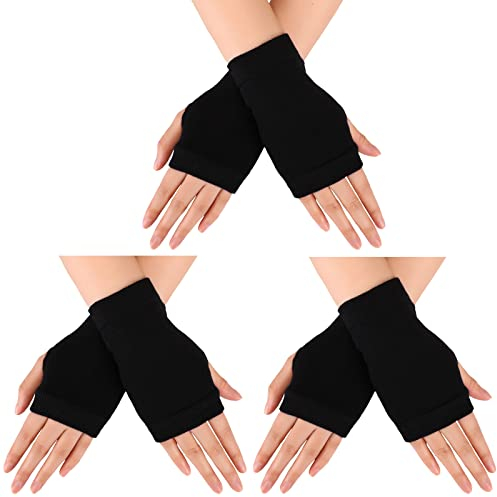 Geyoga 3 Paar Warme Fingerlose Handschuhe mit Daumenloch Baumwolle Halbfinger Stricken Fäustlinge für Männer, Frauen (Schwarz)