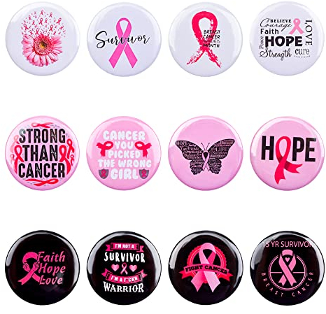 WANDIC 12 Stück rosa Band-Anstecknadeln, Brustkrebs-Bewusstseins-Anstecknadeln, Rosa, Weiß, Schwarz