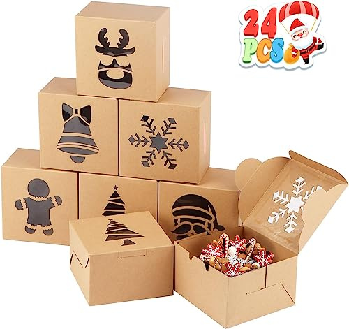 Fayavoo 24 Pcs Weihnachten Keksboxen Geschenkboxen mit Fenster, Kleine Keksschachtel Weihnachten Bäckerei Cupcake Boxen Kraftpapier Plätzchentüten für Macarons, Süßigkeiten, Donuts