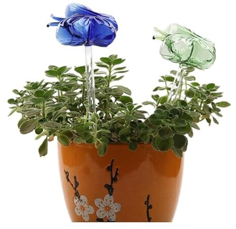 MEMEOKON Glass Butterfly Plant Watering Stakes, 2-Pack, Pink and Amber, Decorative Self-Watering Globes for Indoor Plants