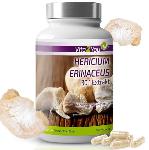 Vita2You Hericium Erinaceus Extrakt - 200 Kapseln - Lions Mane - 30% Polysacharide - 5% Beta Glucane - ohne Zusätze - 2200mg pro Tag - Hochdosiert - Premium Qualität