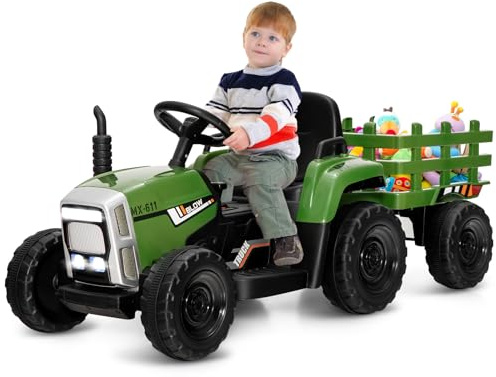 Goplus Elektrisk traktor med släp för barn, 3-växlat 12 V-elfordon med fjärrkontroll, elbil med LED-ljus, musik och Bluetooth, 30 kg belastningskapacitet, från 3 år (mörkgrön)