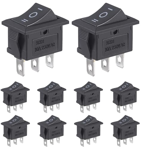 VEXUNGA 10Stück Wippschalter 3 Polig Kippschalter EIN/AUS/EIN Schwarz Rechteck Schalter AC 250V 10A Einbauschalter Eingebettet 3 Position 3Pins Boot Switch