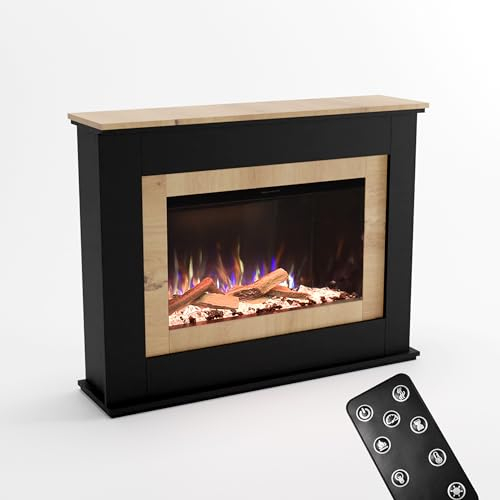 GLOW FIRE Caminetto PR6 con realistico fuoco LED E-Motion 3D - Caminetto elettrico da terra con riscaldamento, fuoco da camino, timer, max. 1500 W, 130x98,5x37,5 cm, Nero (Quercia)