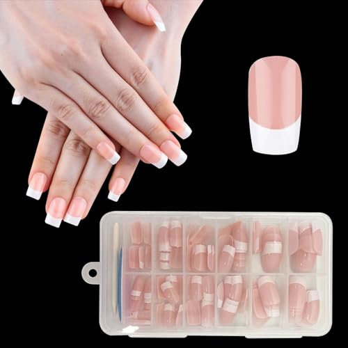 ZAHRVIA Aufklebbare Nägel Kurz: Eckige French Tip Kunstnägel, 120 Stück Weiche Gel Press-On Nägel, Künstliche Fingernägel für Damen, French Girl (French – Mittellang, Eckig)