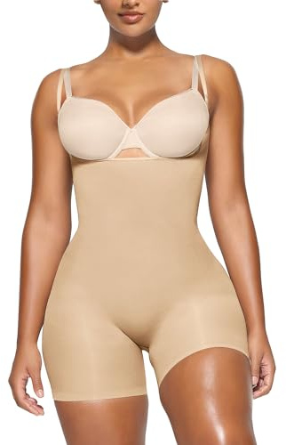 YIANNA Shapewear for Women Tummy Control Bodysuit Seamless Sculpting Body Shaper Open Bust Butt Lifter Shaping Shorts Beige 5258 S/M