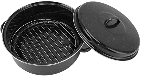 XHTLLO Bandeja para Asar, Olla para Barbacoa Antiadherente con Acabado Moteado con Tapa, Asador de Hierro Recubierto de Esmalte para Patatas Dulces Asadas y Castañas (Funda Hierro 28cm)