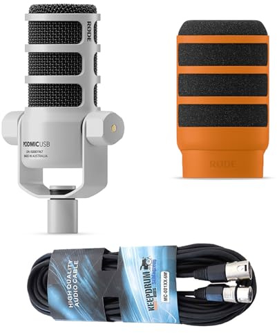 Rode Podmic USB XLR Dynamisches Sprecher-Mikrofon Weiss mit WS14O Popschutz und keepdrum XLR-Kabel