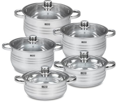 AKH HOUSEWARE Stock Pot Casserole Dish Cooking Pot with Lid Set of 5-20/22/24/26/28cm Large Heavy Duty Stainless Steel Stockpot with Lid & Silver Mirror Coated Cookware Set (Set of 5)