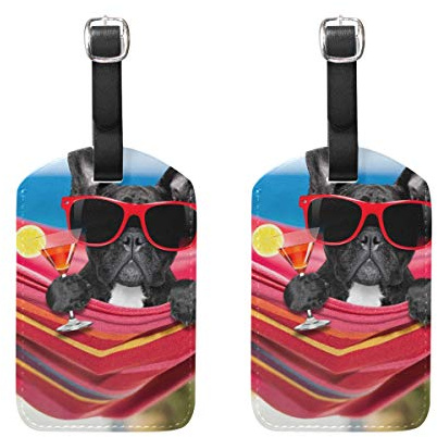 Richugui Étiquette de bagage en cuir synthétique avec motif lunettes de soleil et chiot avec étiquette d'adresse, étiquette d'identité, accessoires de voyage, plaque nominative pour sac de voyage, 1