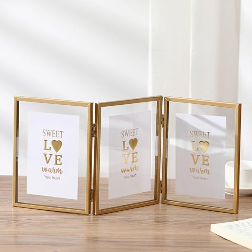 Whoiy Bilderrahmen Acryl 10x15 Dreifach Gefaltet für 3 Fotos Tischaufsteller Kleines Fotorahmen Gold Metall Modern Vertikal, Geschenk für Hochzeit Jahrestag Freunde