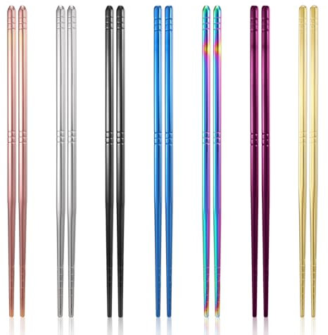 Gjinxi 7 Paar Metall-Essstäbchen, Edelstahl Essstäbchen Wiederverwendbare Anti-Rutsch Stäbchen Spülmaschinenfest Japanischen Chinesische Essstäbchen