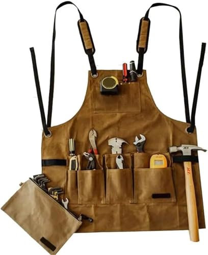 Delantal de trabajo, delantal de herramientas for carpinteros y trabajadores de la madera, delantal de lona resistente for uso en jardín, correas cruzadas en la espalda, ajustable, for jardinería, 1 u