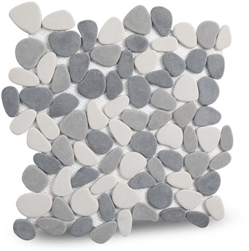 Lovdeco Kieselfliesen Duschboden, Mosaikkiesel Backsplash für Wand, Steinfliesen für Bad und Garten im Freien, Weiß und Grau, 5 Blatt