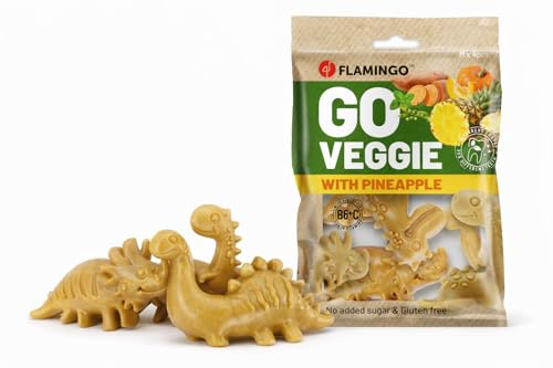 Flamingo Leckerli Hund – Veggie Dino mit Ananas – 120g – glutenfrei – kalorienarm – Zahnpflege Snack