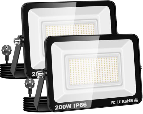 AUXTINGS 2 Stück 200W Led Strahler Außen mit Stecke, 20000LM Scheinwerfer Aussen IP66 Fluter 6000K Kaltweiß Aussenstrahler Flutlichtstrahler mit 150cm Cable für Garten Hinterhof Garage Terrassen