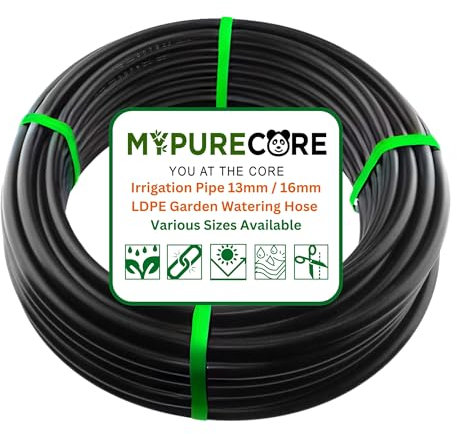 MYPURECORE Irrigation Pipe 13mm / 16mm LDPE Garden Watering Hose – Heavy Duty UV Resistant Black Tubing Roll for Drip System, Greenhouse, Outdoor Plant Irrigation – Flexible Hose Pipe (50m)