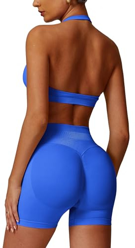 Odizli Damen Neckholder Sport BH + High Waist Shorts Zweiteiler Gym Workout Yoga Fitness Sportkleidung
