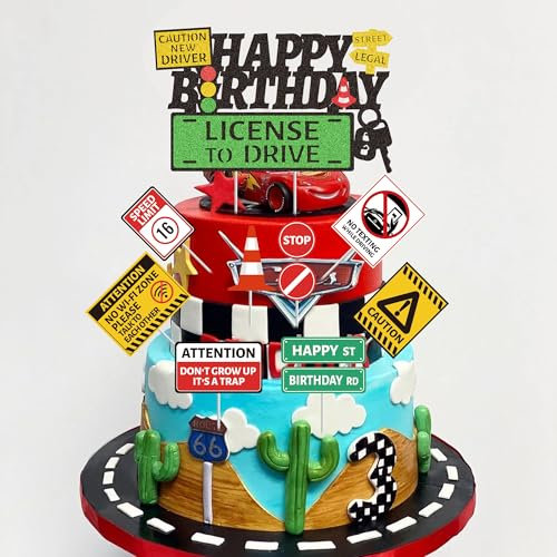 Driver License Birthday Cake Topper - 9 Pcs 16th Birthday Decorations New Driver Cake Toppers Decor Car Road Signs Theme Party Supplies For Boys Girls Men Women Learner Drivers Decoration