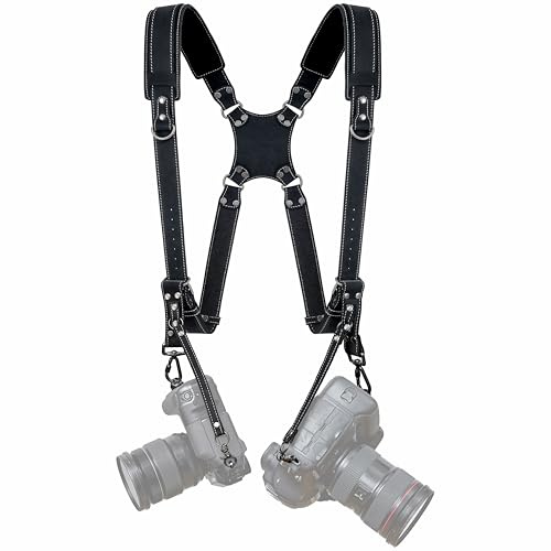 Padwa Lifestyle Mattschwarz Doppel-Kameragurt mit Polsterung für 2 Kameras - Doppelter Schultergurt aus Vollnarbenleder, verstellbarer Multikameragurt, Doppel-Kameragurt für Fotografen
