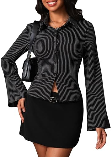 Women Striped Fitted Button Down Shirts Bell Long Sleeve Shirt Office Work Blouse Tops Black XS