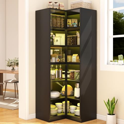 Vrmuxita Black Tall Corner Bookcase with Doors: 79 Display Cabinet with Glass Doors and Lights, 6 Tier L Shaped Bookshelf, Large Corner Bookshelf with Storage Cabinet (Black)