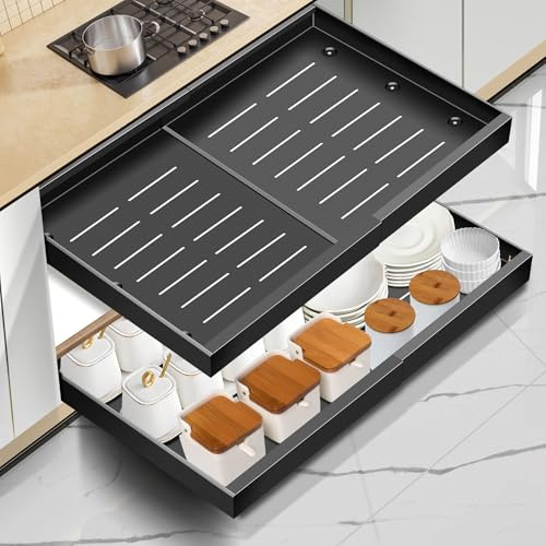 Mimoke Erweiterbarer Ausziehbarer Schrank Organizer, Küchen Teleskopschublade mit Kleber, Aufbewahrung Schubladen Organizer für Küche/Bad (Schwarz, (2 Stück) Breite 40–68 cm, Tiefe 42 cm)
