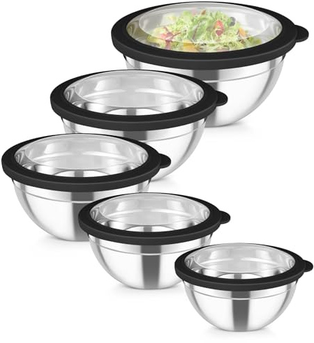 Homikit Rührschüssel 5er Set, Edelstahl Schüssel mit Deckel, Schwarz