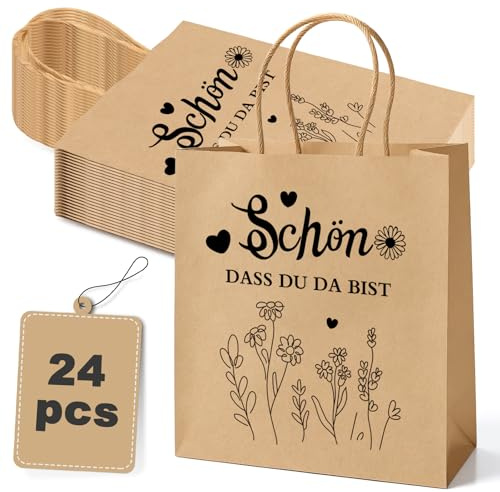 Papiertüten mit Henkel Kleine 24er Set (21x15x8cm) - Vorbedruckt mit Dankesworte - Kraftpapier Geschenkverpackung 130 g/m² für Einzelhandel, Gastronomie & Hochzeit (C-Schön, dass du da bist)