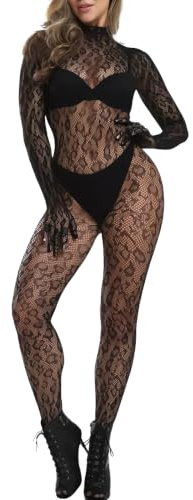 Leypafy Leopard Print Women Sexy Bodystockings Fishnet Lingerie Bodysuit | Long Sleeve Jumpsuit,70-160 LBS,Halloween,Christmas,Date Night,Anniversary,Honeymoon,Festival Club
