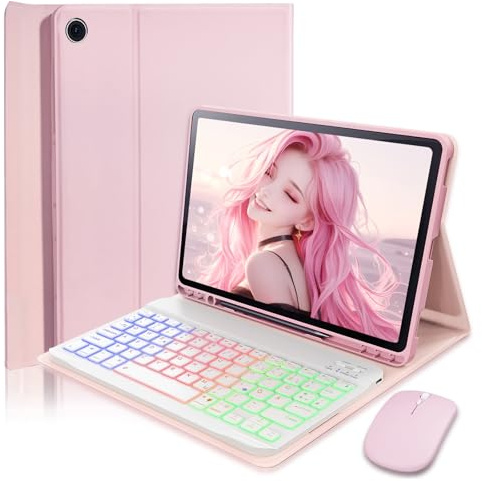 für Samsung Galaxy Tab A11+ PLUS (2025) 11 Zoll/Samsung Galaxy Tab A9+ PLUS (2023) 11 Zoll Hülle mit Kabelloses Bluetooth Beleuchtete Farbige Deutsch Tastatur (QWERTZ) und Maus, Backlit Keyboard Case