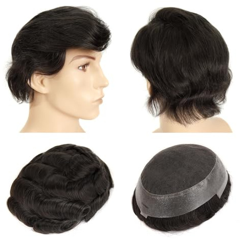 Topunique Swiss Lace Top and Invisible PU Around Base Toupee Hair for Men, 8x10 Inch Base V-Looped Invisible Hairline Remy Human Hair Piece #1B Natural Black