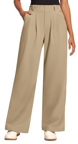 Oyamiki Women Trousers Wide Leg Business Work Elastic High Waisted in The Back Palazzo Pants Solid Plus Size Trousers Khaki XL