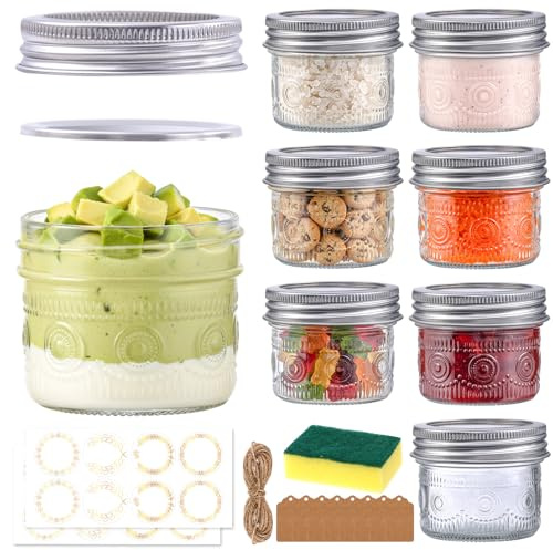Haneye 4 oz Small Mason Jars with 18/8 Stainless Steel Lids 8-Pack | Mini Glass Canning Jars with Embossed Pattern for Jams,Jelly,Honey,Spices,Desserts,Wedding Favors and Gift Packaging