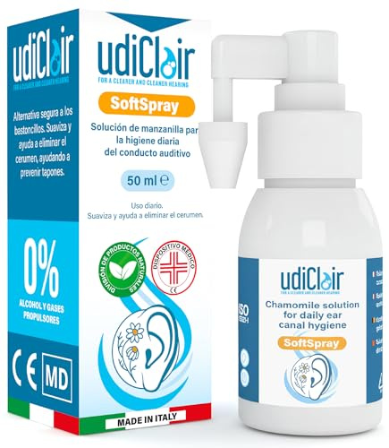 Spray Limpiador de Oídos para Adultos y Niños UdiClair SoftSpray 50ml - Higiene Diaria del Oído - Limpia y Previene los Tapones de Cera - Solución Isotónica con Manzanilla Made in Italy