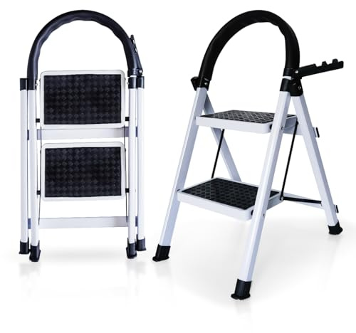 Escalera Plegable de 2, 3 y 4 Peldaños con Soporte Adicional y Mango Antideslizante | Ladder Multifuncional Antideslizante | Ligera, portátil y Segura para Todo Tipo de Tareas (2 Peldaños)
