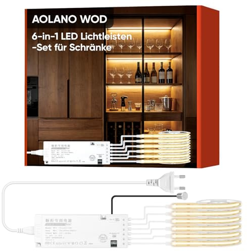 AOLANO WOD Schrankbeleuchtung Set, COB LED Strip 1 m 6 Rollen, Warmweiß Dimmbar mit Touch-Schalter, Kürzbar, Geeignet für Vitrinen, Weinschränke, Ausstellungsvitrinen und Küchen