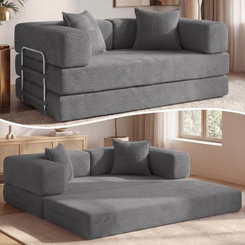 Vipbear Cordstoff Schlafsofa 200×100×70cm, 5-in-1 Umwandelbares Bodensofa aus Kord, Hochdichter Schaumstoff, Haustierfreundlich & Ergonomisch, Keine Montage, Grau