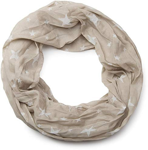 styleBREAKER motif en étoile soyeuse tube de boucle foulard, soyeuse, froissée, unisexe 01016093, couleur:Kaki-blanc
