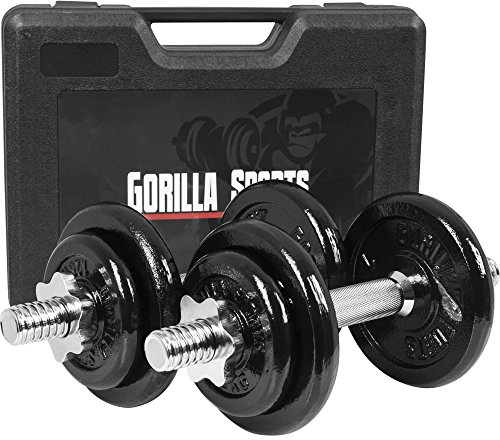 GORILLA SPORTS® Kurzhanteln 2er Set - 20kg Gewichte, mit Koffer, 8 Hantelscheiben aus Gusseisen, Stange 30mm, Griff gerändelt, Sternverschlüsse - Hantelkoffer, Kurzhantelset, Hantelset, Kurzhantel