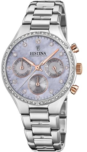 Festina Orologio Donna Analogico Acciaio Inossidabile 316L Argento - Quarzo Cronografo - Vetro minerale alta resistenza - Impermeabile 5 ATM F20401/3 - Boyfriend Collection