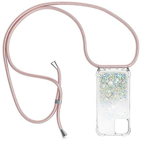 YuhooTech Handykette Hülle Kompatibel mit iPhone 12 Mini Handyhülle Quicksand Glitzer Hülle mit Band - Silikon Handyhülle mit Kordel Umhängenband - Schnur mit Treibsand Case zum Umhängen