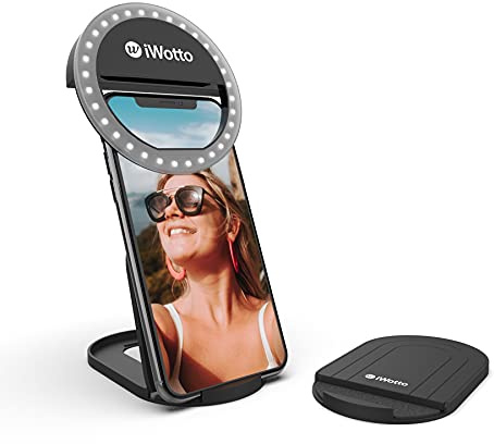 iWotto LED Mobile Ring Light with Stand - 2 Modes and 3 White Light Intensities - Ring Light for Selfie, TikTok - Ring Light USB Rechargeable - 36 LEDs Universal for Smartphone, Tablet, PC - Black