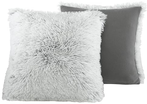 BaSaTex Winter Plüsch Coral Fleece Flokati Langhaar Felloptik Deko | 2er Pack 40x40, Sofakissen Couchkissen Zierkissenbezug, Reißverschluss, Anthrazit, Kissen, Kissen-Bezug Zierkissen-Bezug